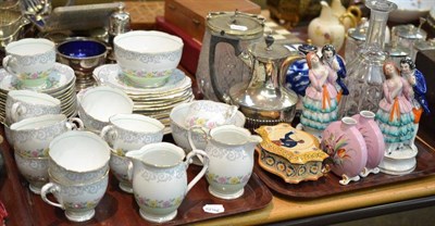 Lot 123 - Two trays including 1920's Grafton tea set, biscuit barrel, pair of pink ground vases etc