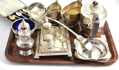 Lot 124 - Tray including two bottle inkstand, plated tea service, ladle and six silver teaspoons