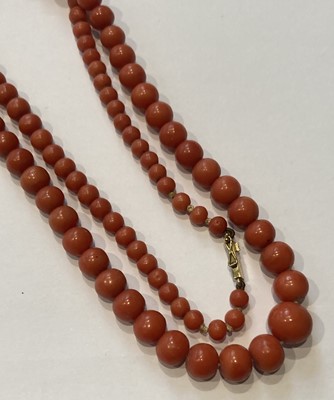 Lot 70 - A graduated coral bead necklace, clasp stamped...
