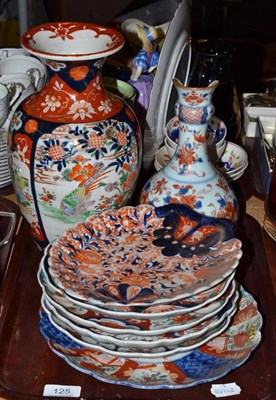 Lot 125 - Tray including Japanese Imari decorated plates, vase and a guglet