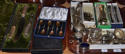 Lot 128 - Two trays of assorted silver and plated cutlery, salts etc