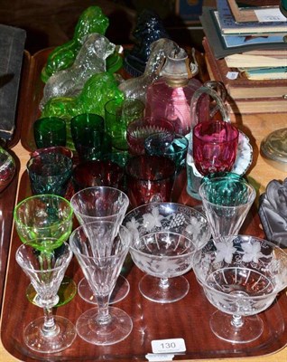 Lot 130 - Two trays including assorted coloured wines and five Victorian pressed glass jelly moulds