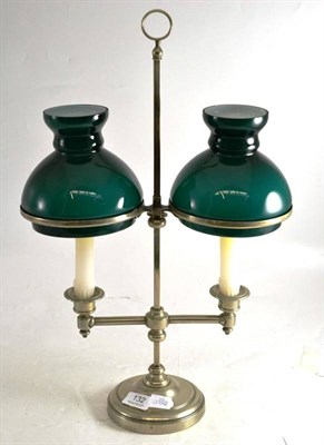 Lot 132 - Silver plated adjustable lamp with two green glass shades