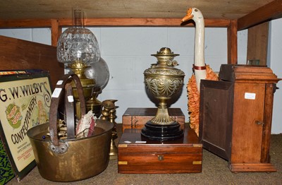 Lot 447 - Three brass based oil lamps, a mantle clock, a...