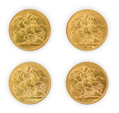 Lot 128 - George V, Sovereigns (4), 1912, 1913(2) and...
