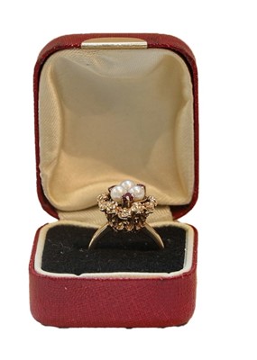 Lot 298 - A 9 carat gold cultured pearl and ruby cluster...