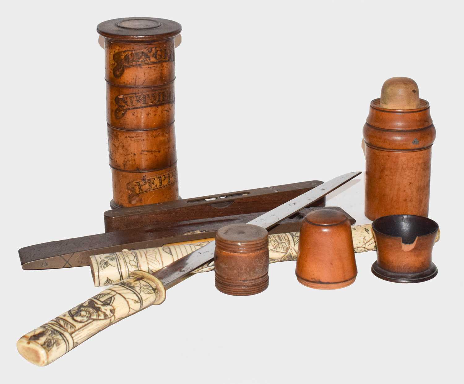 Lot 69 - A 19th century treen spice tower, other items...
