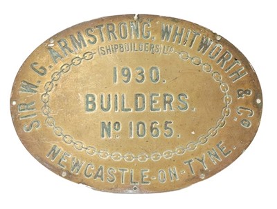 Lot 3216 - Sir W G Armstrong Whitworth & Co. Shipbuilders Plate