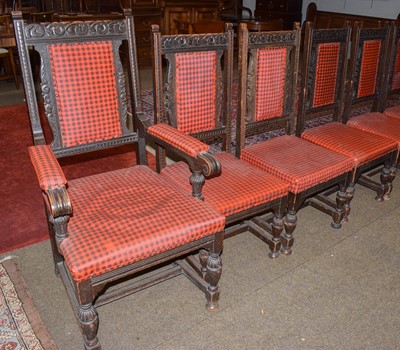 Lot 1300 - A set of eight carved oak dining chairs, in...