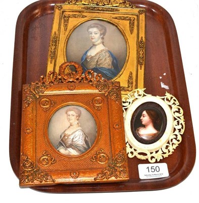 Lot 150 - Two gilt framed oval portraits depicting the same lady and a 19th century Continental plaque...