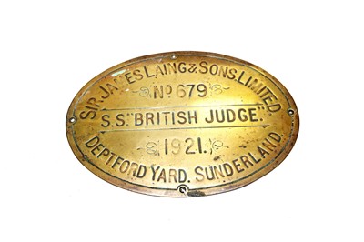 Lot 3215 - Sir James Laing & Sons Limited Shipbuilders Plate SS British Judge