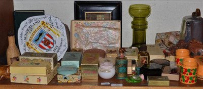 Lot 169 - Shelf including vintage toiletries, perfume, Picquot ware coffee pot, soapstone carving, hat...