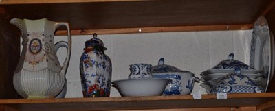 Lot 188 - Shelf including Phoenix ware vases, Victorian water jugs, blue and white dinner wares and Heathcote