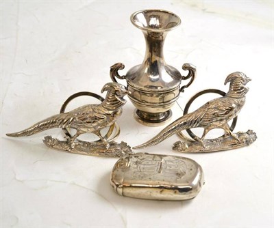 Lot 204 - A Victorian silver vesta/combination sovereign case; miniature silver twin handled vase; and a pair