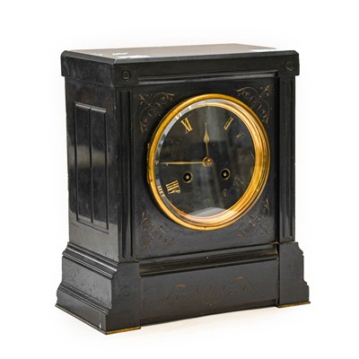 Lot 327 - A Victorian black slate mantel clock, circa...
