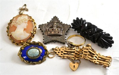 Lot 213 - A gate bracelet, a cameo brooch, a diamond set ring and three other brooches