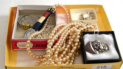 Lot 215 - A mixed lot of watches, freshwater pearls, earrings, a silver agate brooch, simulated pearls etc