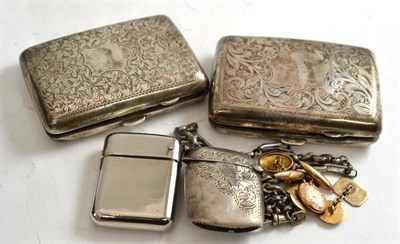 Lot 216 - Four gold cufflinks, two silver cigarette cases, silver vesta and a chrome lighter