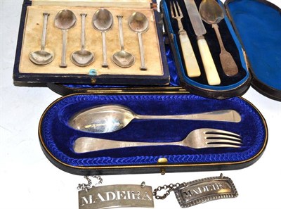 Lot 217 - A set of six silver teaspoons, two pierced silver 'Madeira' wine labels and two silver...