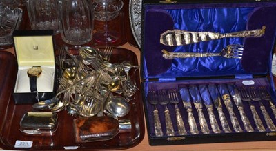 Lot 225 - A set of six silver handed fish eaters with servers, quantity of plated flatware, leather hip...