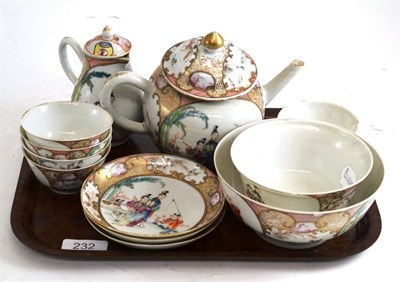 Lot 232 - A Chinese famille rose part tea set (a.f.) including five tea bowls, three saucers, teapot and...