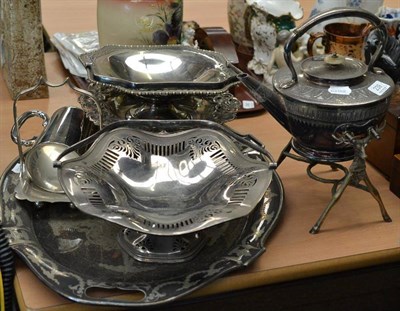 Lot 239 - Late Victorian silver plated engraved tray, three silver plated baskets, spirit kettle etc