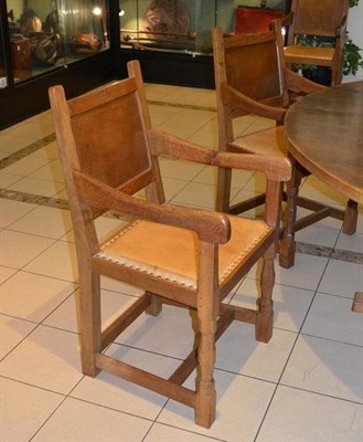 Lot 987 - A Set of Eight David  "Oak Leaf " Langstaff Oak Panel Back Armchairs, with leather seats on...