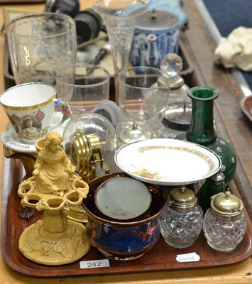 Lot 242 - Tray of assorted glassware, lacquered tray, carbide lamp, watercolour of Durham city, Victorian...