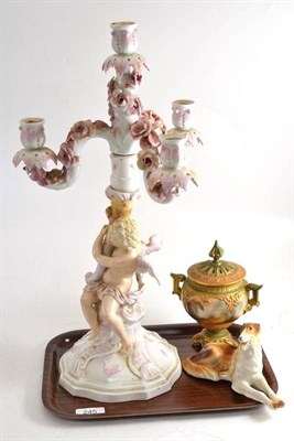 Lot 245 - A Hadleys Worcester vase printed with a pheasant, a Sitzendorf three branch candelabra (a.f.) and a