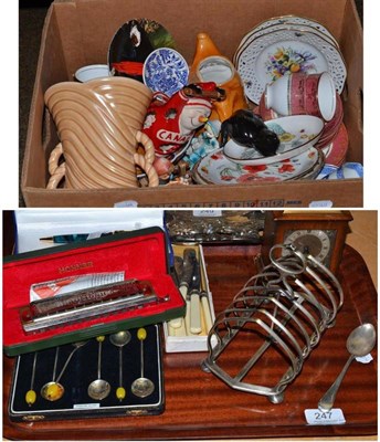 Lot 247 - Tray including plated toast rack, silver coffee bean spoons, Horner mouth organ, three boxes of...