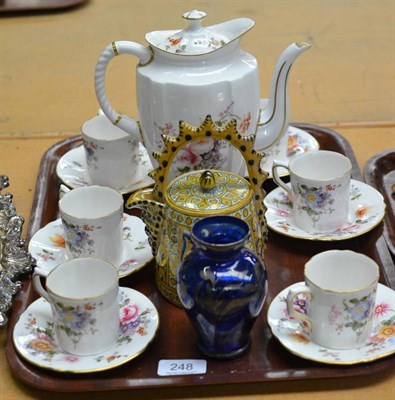 Lot 248 - Six piece Royal Crown Derby coffee set ";Derby Posies";, blue glass vase, and a Cantagalli...