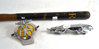 Lot 264 - A William IV Special Constable's truncheon, a Jaguar car mascot and an AA badge