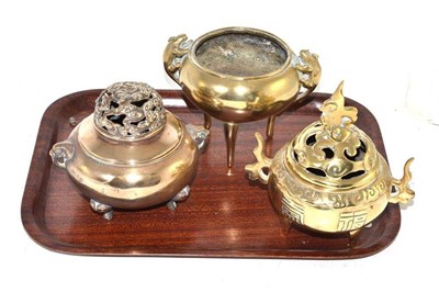 Lot 268 - A Chinese bronze censer, six character mark to base (lacking lid) and two others with covers...