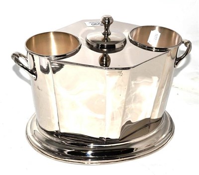 Lot 290 - An Art Deco design two bottle silver plated wine cooler with lid for central ice compartment,...