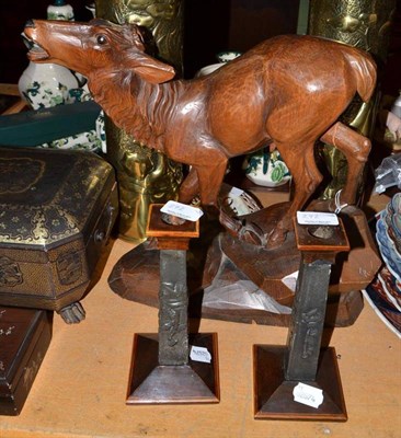 Lot 292 - An Austrian carved figure of a deer and a pair of candlesticks etc