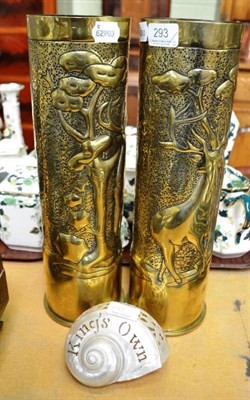 Lot 293 - A pair of World War I trench art shell vases and a trench art carved sea shell ";Kings Own...