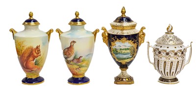 Lot 370 - Two Coalport urns and covers, one painted with...