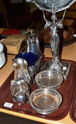 Lot 298 - Two silver jugs, plated coasters, plated figural table mirror, plated jug and a basket with...