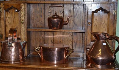 Lot 310 - Copper kettle, two jugs and a copper fish pan