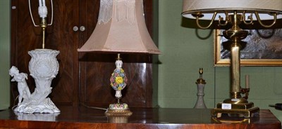 Lot 312 - A modern brass twin branch table lamp, a floral decorated table lamp and a late 19th century...