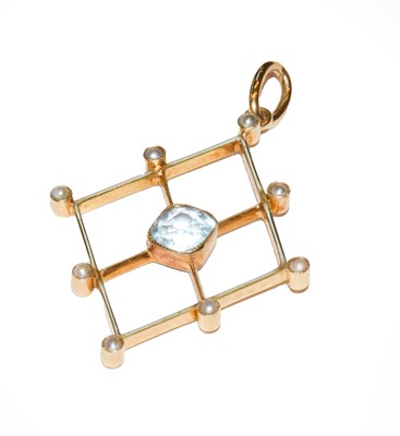 Lot 88 - An aquamarine and seed pearl pendant, length 4....