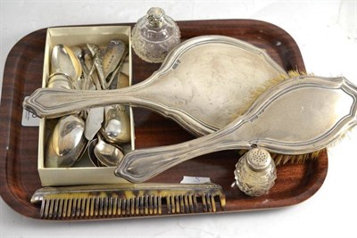 Lot 326 - Silver three piece dressing table set; quantity of assorted spoons; silver pepperette; salt...