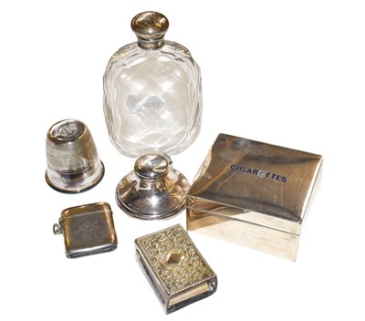 Lot 291 - Silver cigarette box, silver and glass flask,...