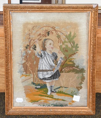 Lot 1052 - Two framed needlepoint pictures; a framed...