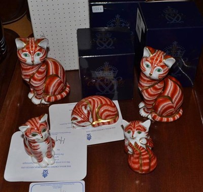 Lot 364 - Five Royal Crown Derby Imari paperweights (gold and silver stoppers); Ginger Tom (silver...