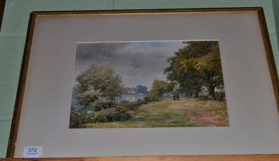 Lot 372 - S Bourne, couple walking along a river, watercolour, signed