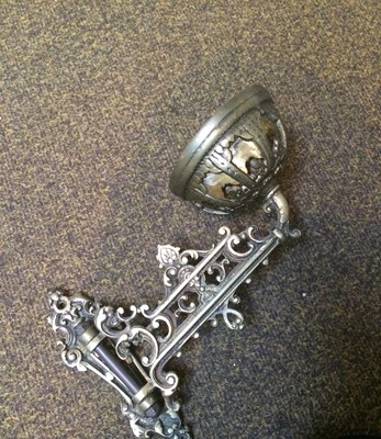 Lot 408 - Two brass oil lamps on brackets with chimneys...