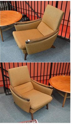 Lot 999 - A Pair of 1950's/60's Danish Armchairs, upholstered in orange/brown weave fabric, teak arm...