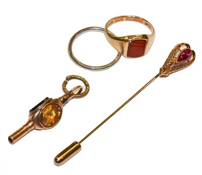 Lot 270 - A synthetic pink sapphire stickpin, stamped...