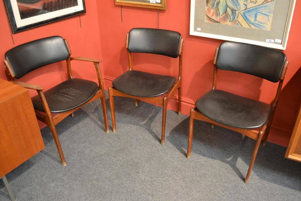 Lot 1000 - A Set of Six (4+2) Danish Teak Dining Chairs, designed by Erik Buch, with black vinyl seats,...